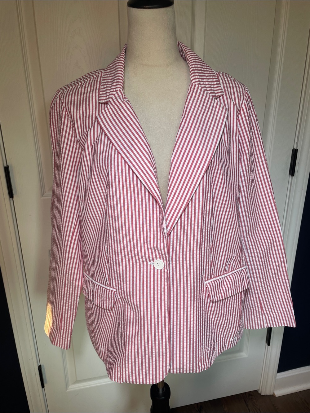 Joan Rivers Cotton Red & White Striped Seersucker Blazer Jacket Size 14